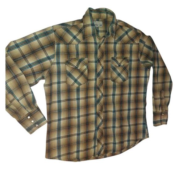 Wrangler Other - VINTAGE WRANGLER WRANCHER PEARL SNAP SHIRT MENS L BEIGE BLUE WESTERN